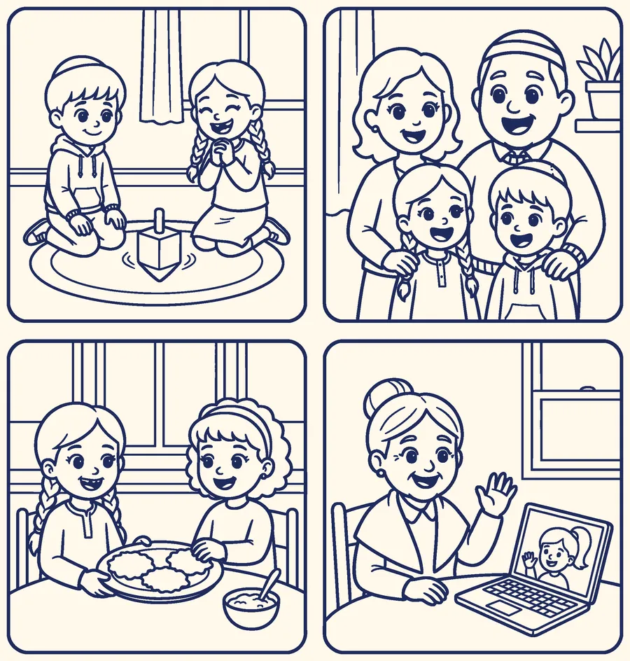 Four small scenes: children playing dreidel, a family portrait, two children sharing a plate of latkes, and a grandmother waving on a laptop video call