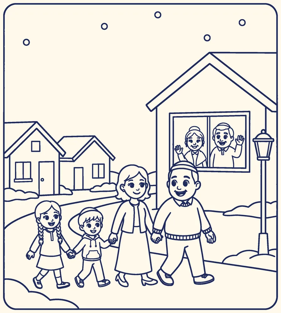 Two children walk up a snowy path holding hands with their parents while grandparents wave from the window of a house