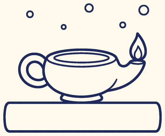 A small, classic oil lamp with one flame, line drawing